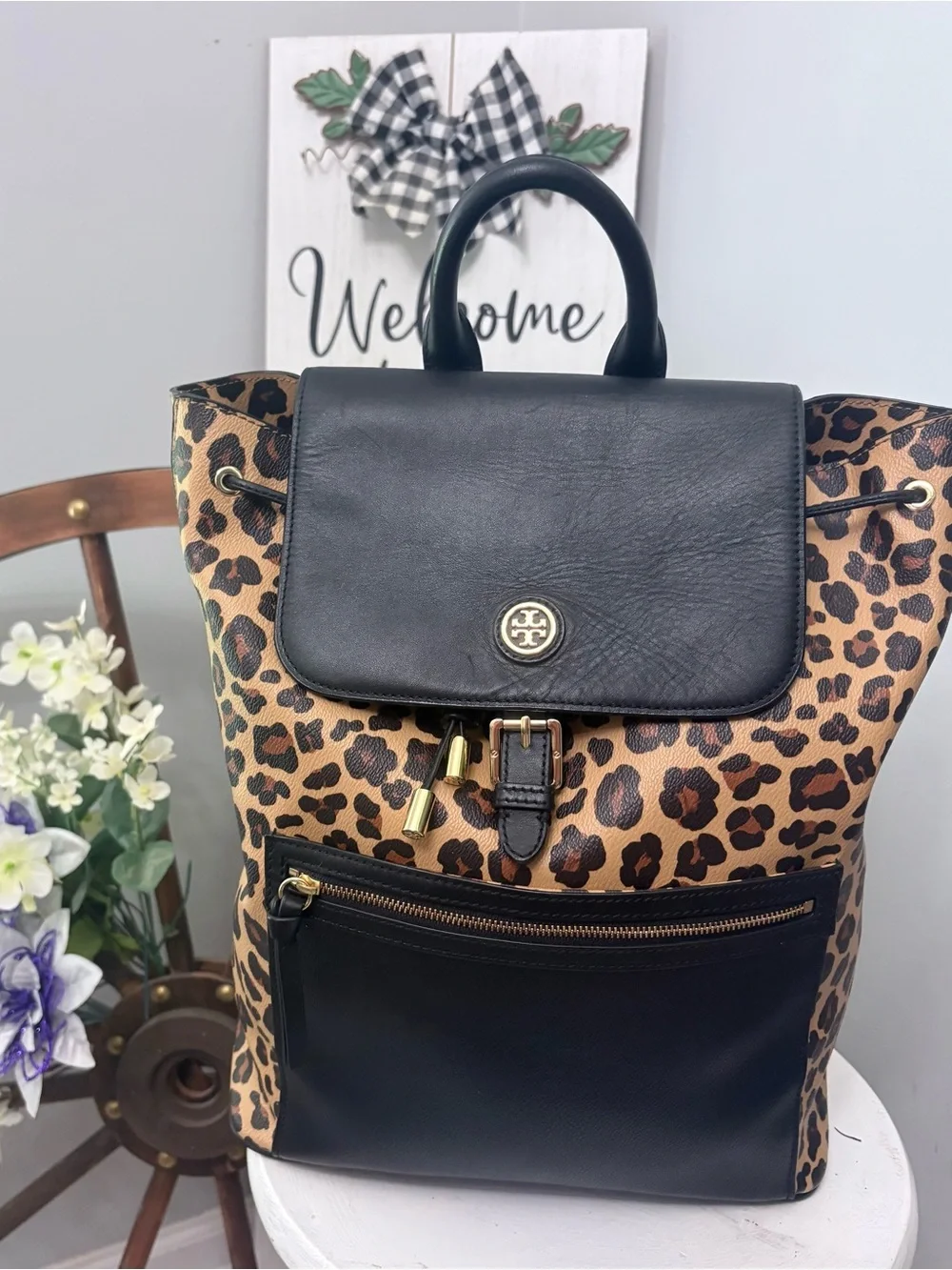 🖤🤎 TORY BURCH Leopard Print Backpack with Black Trim